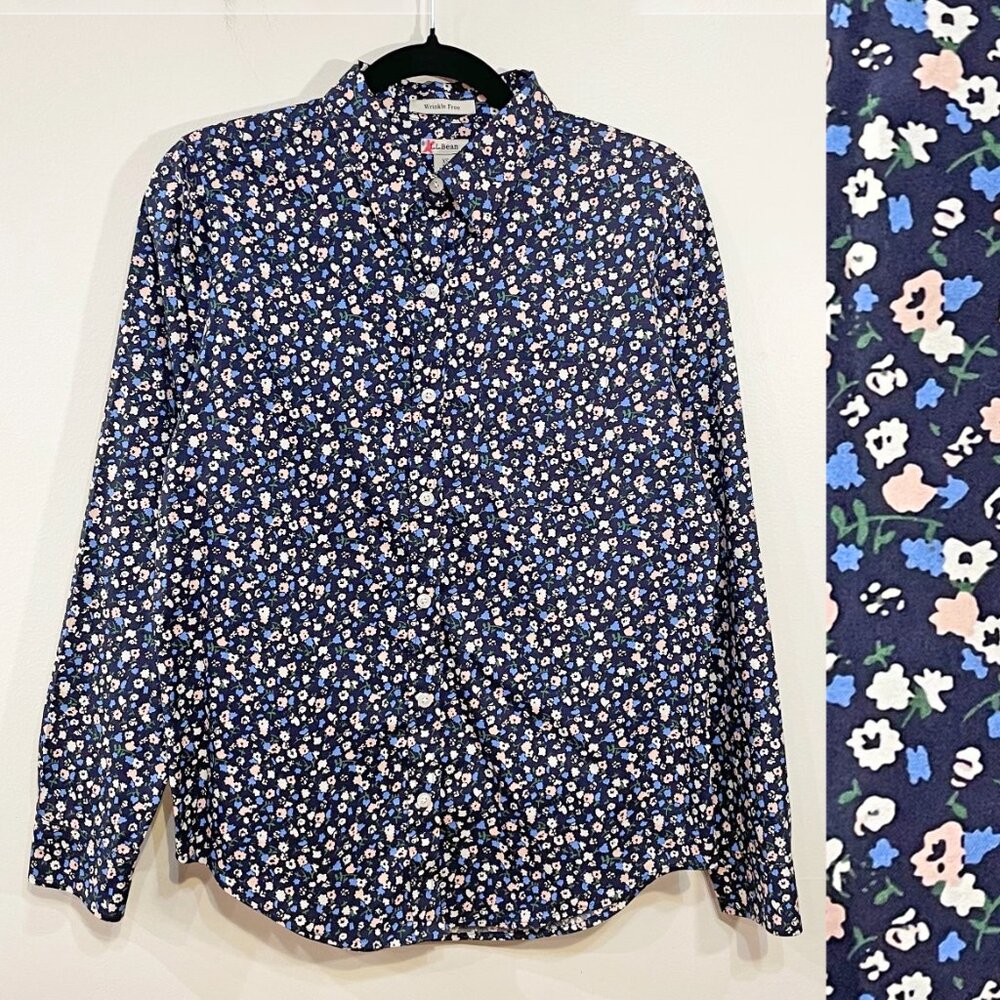 2/$30 Like New LL Bean 100% Cotton Floral Shirt Navy XS